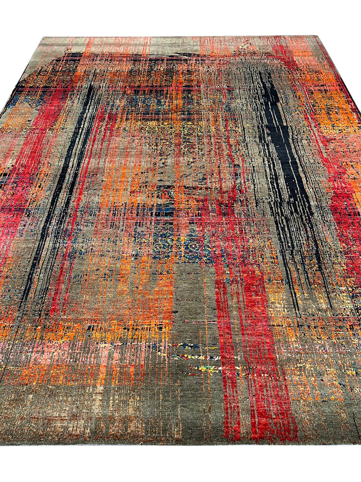 Chromatic Pulse – Contemporary Abstract Rug in Charcoal Grey, Red, Orange &amp; Gold | 9’1” × 12’1”