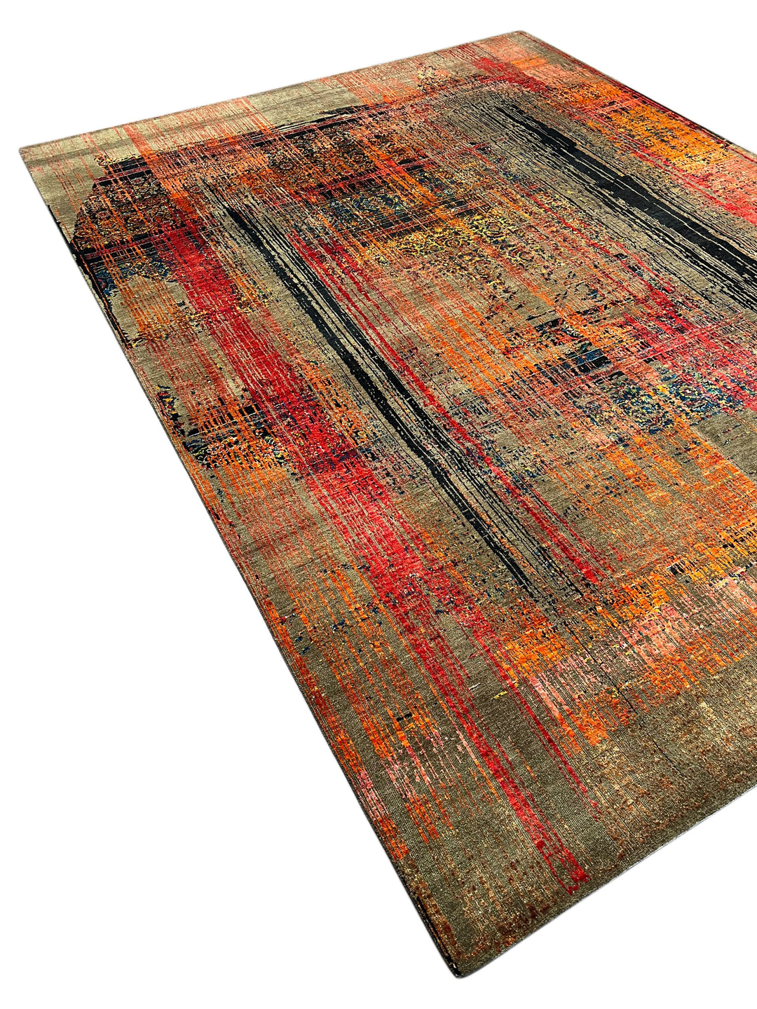 Chromatic Pulse – Contemporary Abstract Rug in Charcoal Grey, Red, Orange &amp; Gold | 9’1” × 12’1”