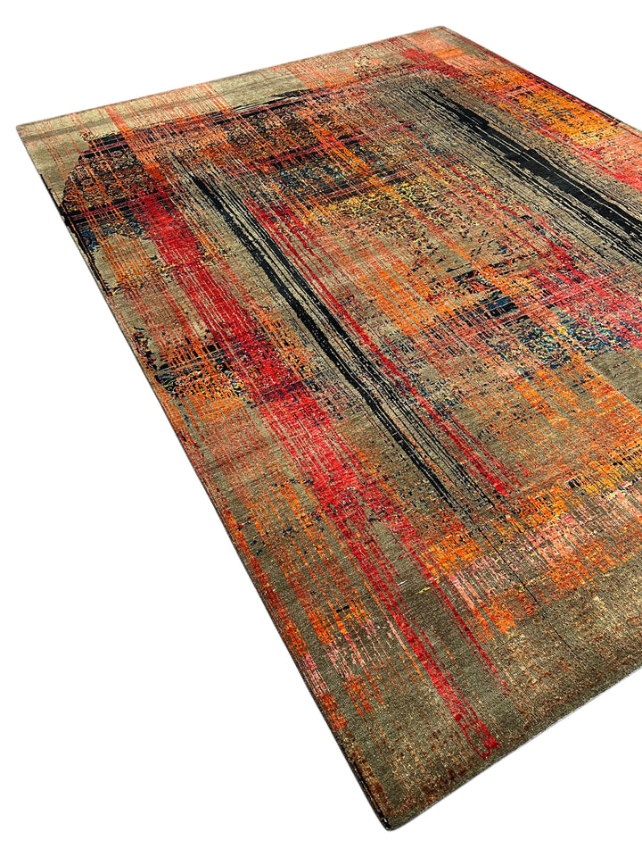 Chromatic Pulse – Contemporary Abstract Rug in Charcoal Grey, Red, Orange &amp; Gold | 9’1” × 12’1”