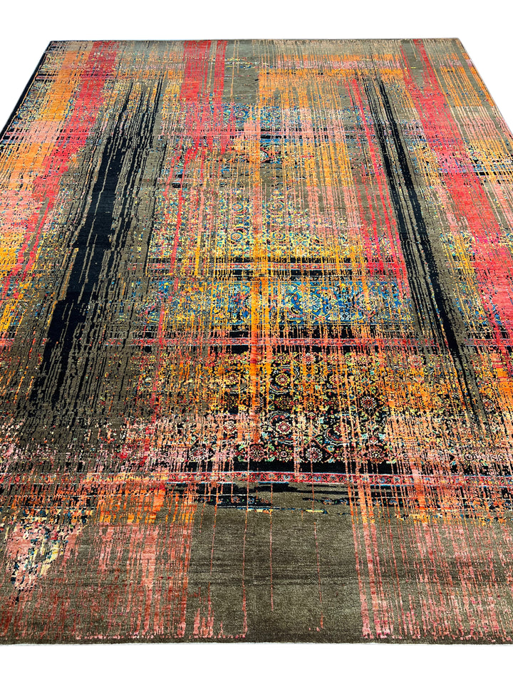 Chromatic Pulse – Contemporary Abstract Rug in Charcoal Grey, Red, Orange &amp; Gold | 9’1” × 12’1”