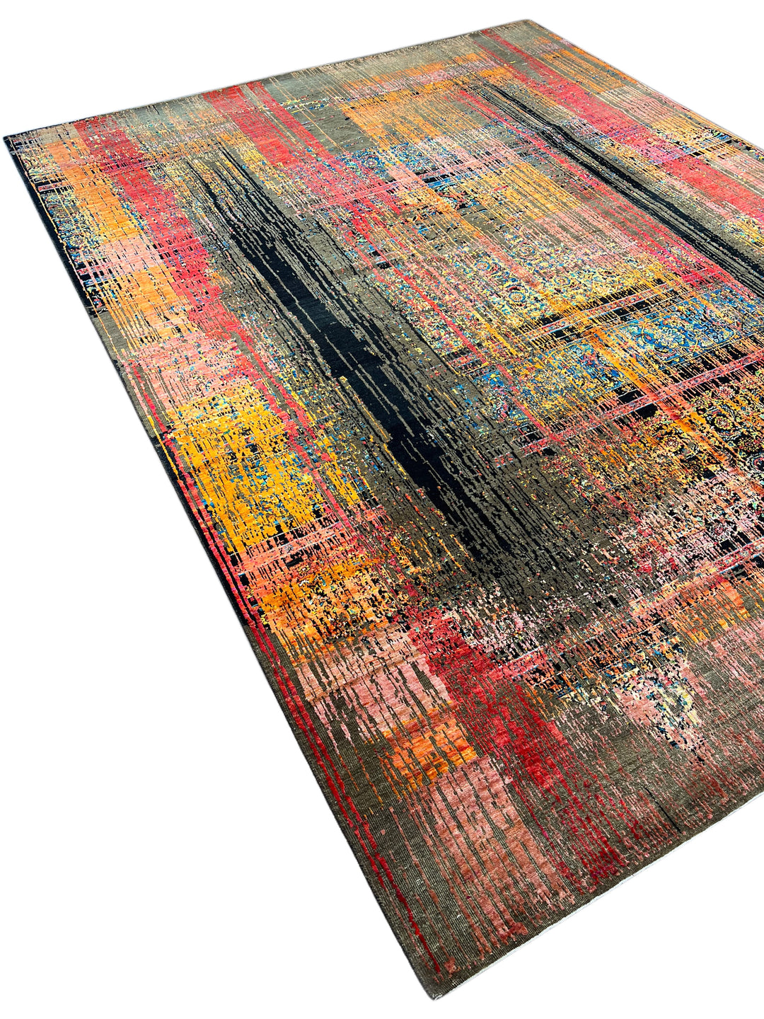 Chromatic Pulse – Contemporary Abstract Rug in Charcoal Grey, Red, Orange &amp; Gold | 9’1” × 12’1”
