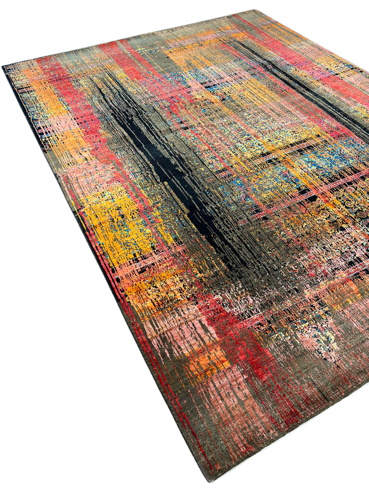 Chromatic Pulse – Contemporary Abstract Rug in Charcoal Grey, Red, Orange &amp; Gold | 9’1” × 12’1”
