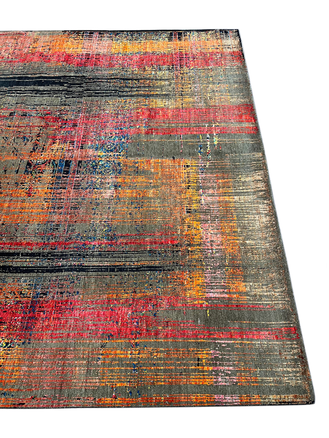 Chromatic Pulse – Contemporary Abstract Rug in Charcoal Grey, Red, Orange &amp; Gold | 9’1” × 12’1”