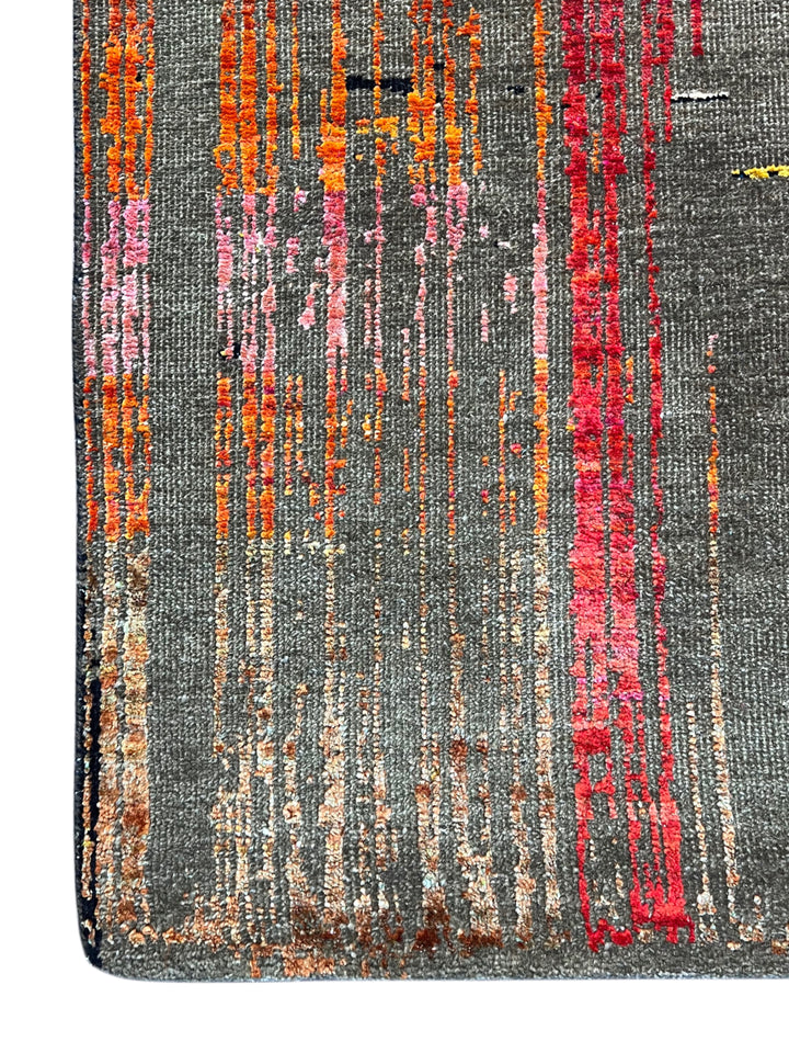 Chromatic Pulse – Contemporary Abstract Rug in Charcoal Grey, Red, Orange &amp; Gold | 9’1” × 12’1”