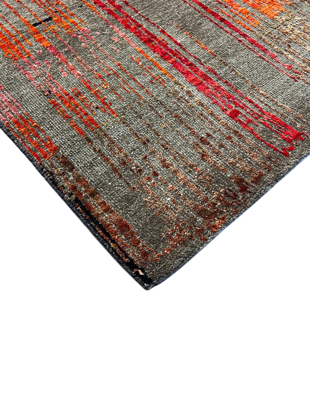 Chromatic Pulse – Contemporary Abstract Rug in Charcoal Grey, Red, Orange &amp; Gold | 9’1” × 12’1”