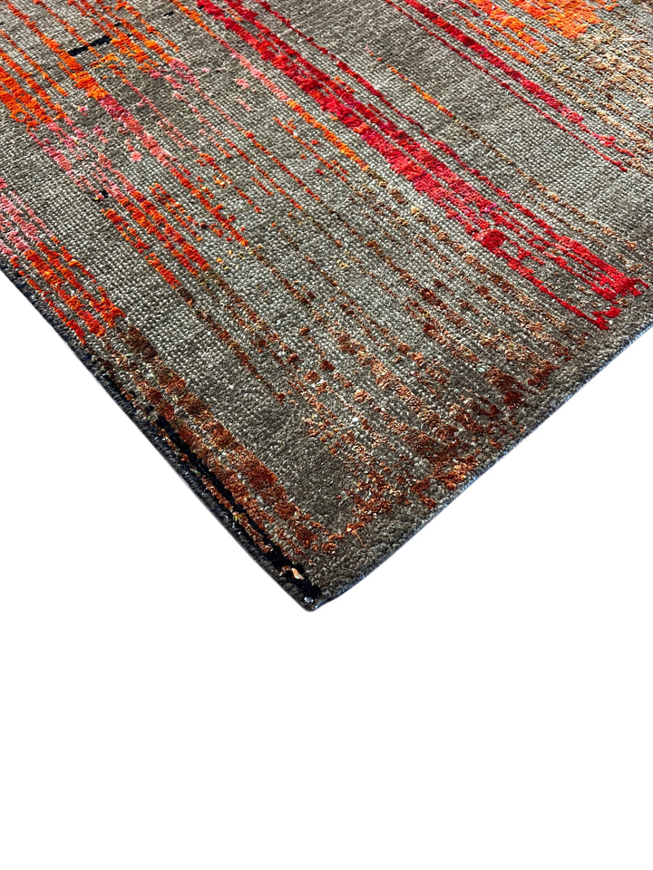 Chromatic Pulse – Contemporary Abstract Rug in Charcoal Grey, Red, Orange &amp; Gold | 9’1” × 12’1”