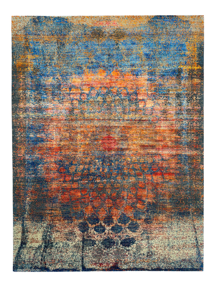 Azure Ember – Contemporary Abstract Distressed Rug in Sapphire Blue, Burnt Orange &amp; Gold | 9’0” × 12’0”