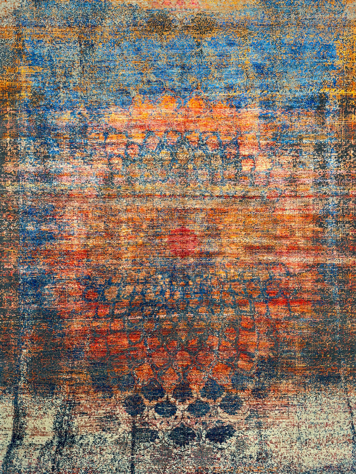 Azure Ember – Contemporary Abstract Distressed Rug in Sapphire Blue, Burnt Orange &amp; Gold | 9’0” × 12’0”