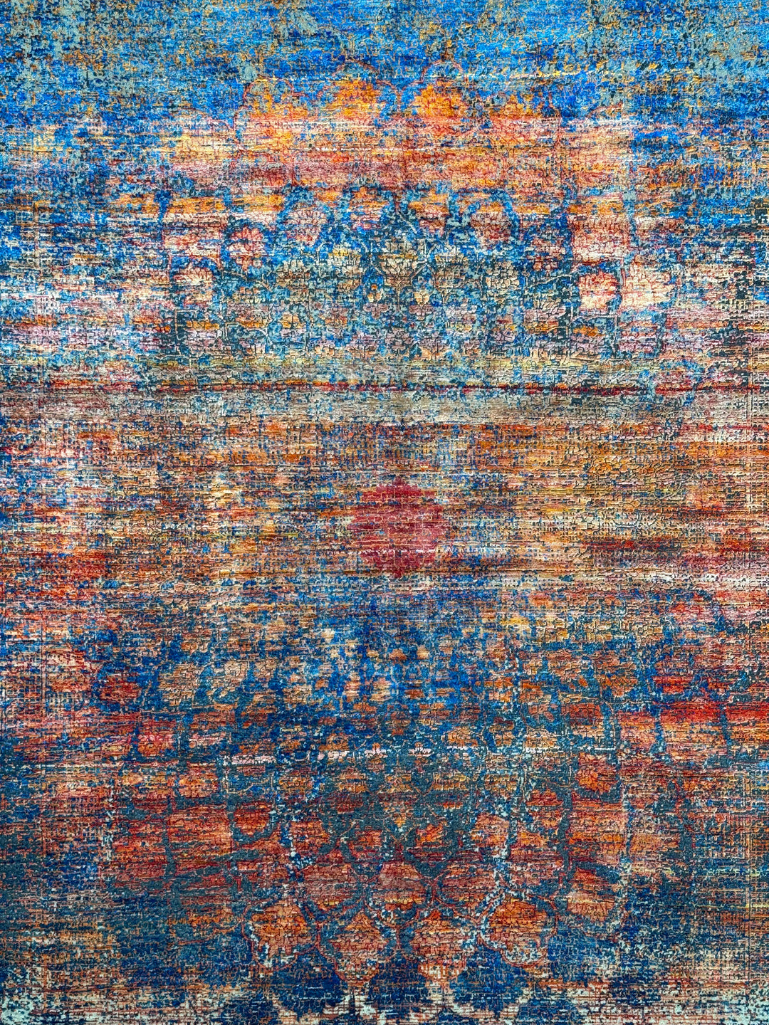 Azure Ember – Contemporary Abstract Distressed Rug in Sapphire Blue, Burnt Orange &amp; Gold | 9’0” × 12’0”