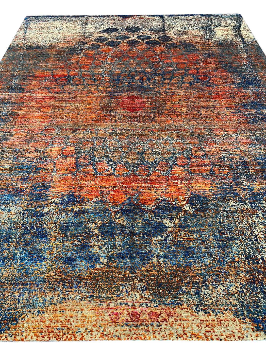 Azure Ember – Contemporary Abstract Distressed Rug in Sapphire Blue, Burnt Orange &amp; Gold | 9’0” × 12’0”