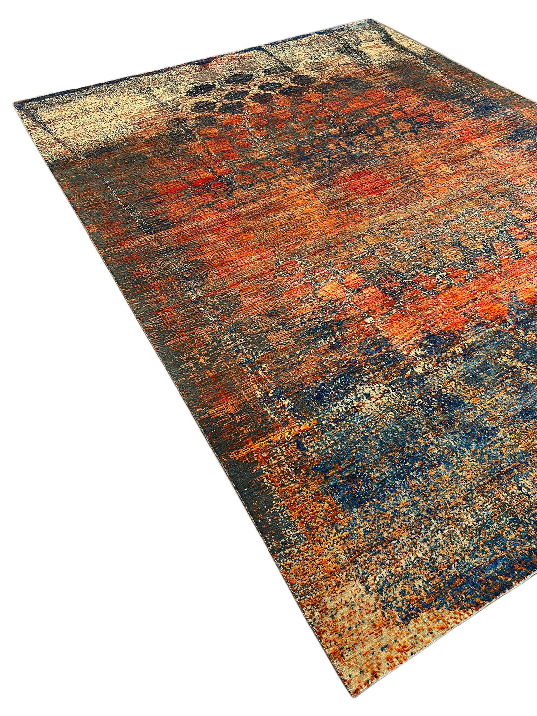Azure Ember – Contemporary Abstract Distressed Rug in Sapphire Blue, Burnt Orange &amp; Gold | 9’0” × 12’0”