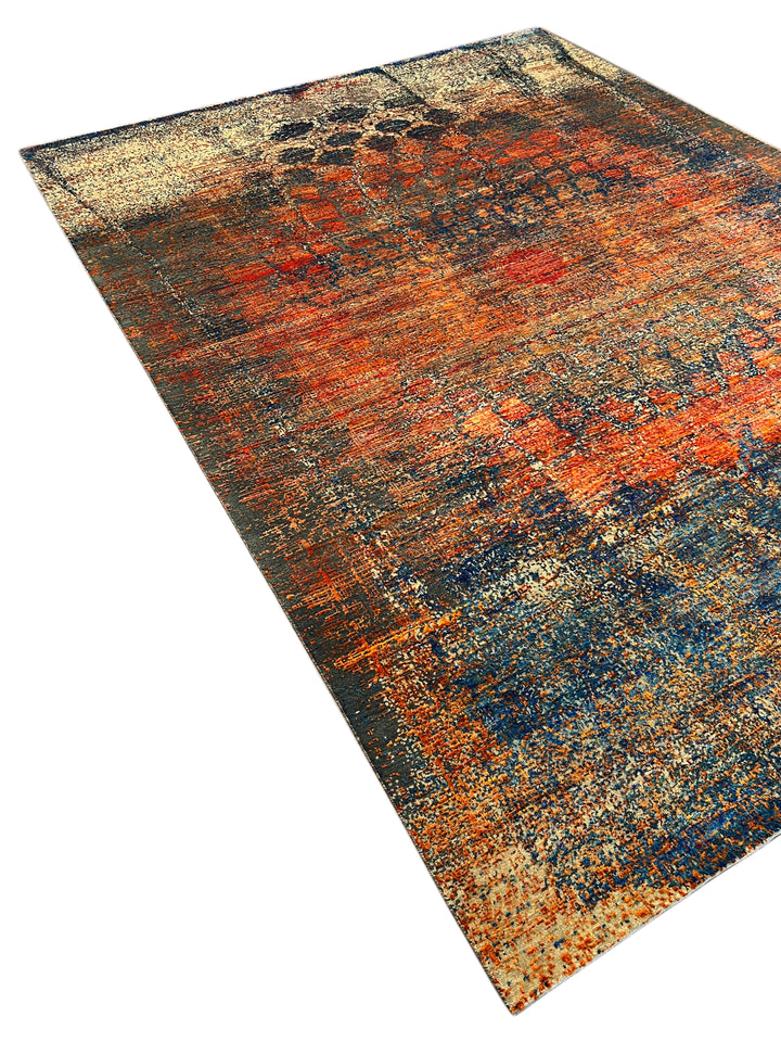 Azure Ember – Contemporary Abstract Distressed Rug in Sapphire Blue, Burnt Orange &amp; Gold | 9’0” × 12’0”