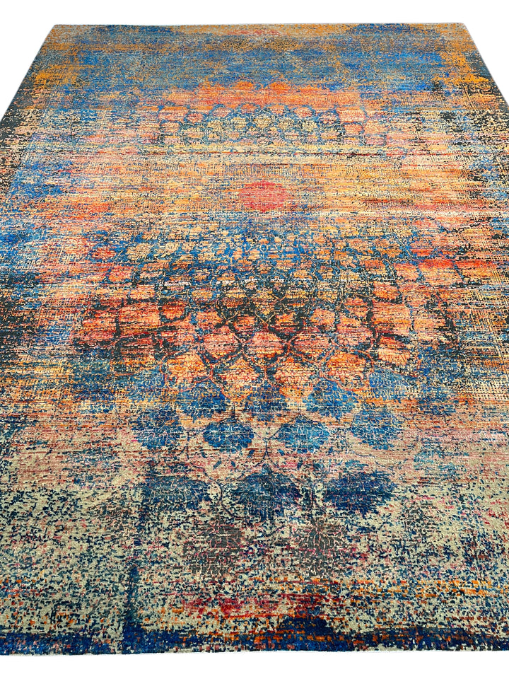 Azure Ember – Contemporary Abstract Distressed Rug in Sapphire Blue, Burnt Orange &amp; Gold | 9’0” × 12’0”