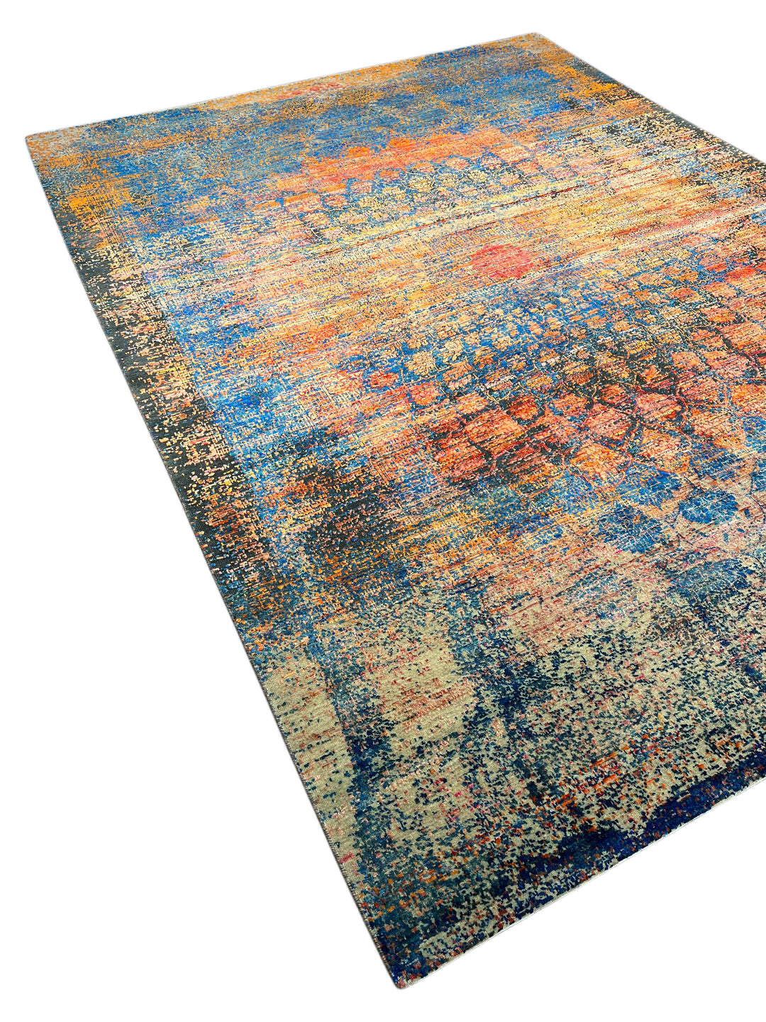 Azure Ember – Contemporary Abstract Distressed Rug in Sapphire Blue, Burnt Orange &amp; Gold | 9’0” × 12’0”
