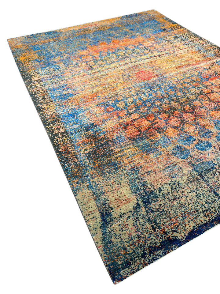 Azure Ember – Contemporary Abstract Distressed Rug in Sapphire Blue, Burnt Orange &amp; Gold | 9’0” × 12’0”
