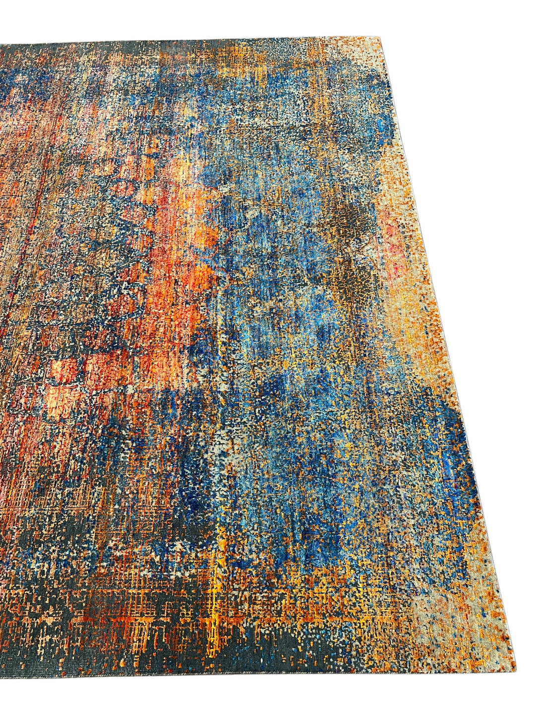 Azure Ember – Contemporary Abstract Distressed Rug in Sapphire Blue, Burnt Orange &amp; Gold | 9’0” × 12’0”