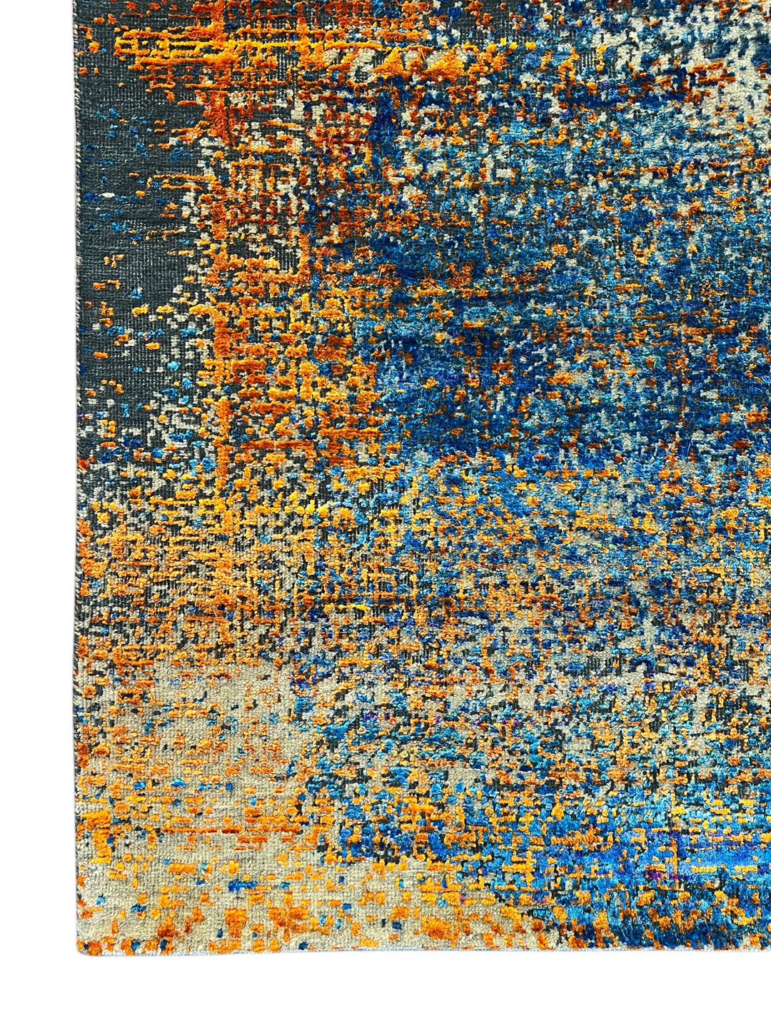 Azure Ember – Contemporary Abstract Distressed Rug in Sapphire Blue, Burnt Orange &amp; Gold | 9’0” × 12’0”