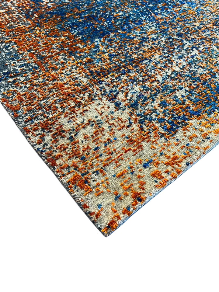 Azure Ember – Contemporary Abstract Distressed Rug in Sapphire Blue, Burnt Orange &amp; Gold | 9’0” × 12’0”