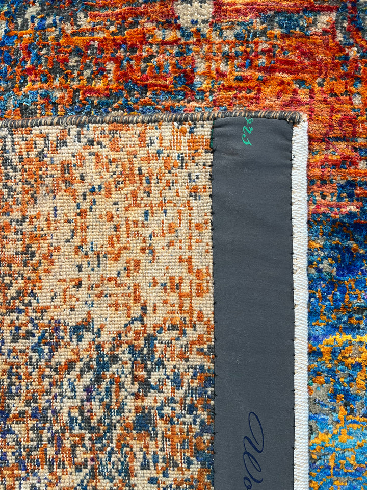 Azure Ember – Contemporary Abstract Distressed Rug in Sapphire Blue, Burnt Orange &amp; Gold | 9’0” × 12’0”