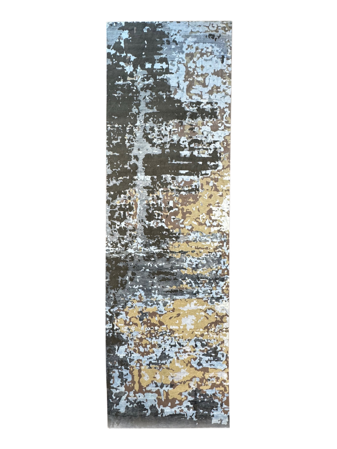 Gilded Echo – Contemporary Abstract Runner Rug in Charcoal, Silver Blue &amp; Gold | 6’0” × 19’10”