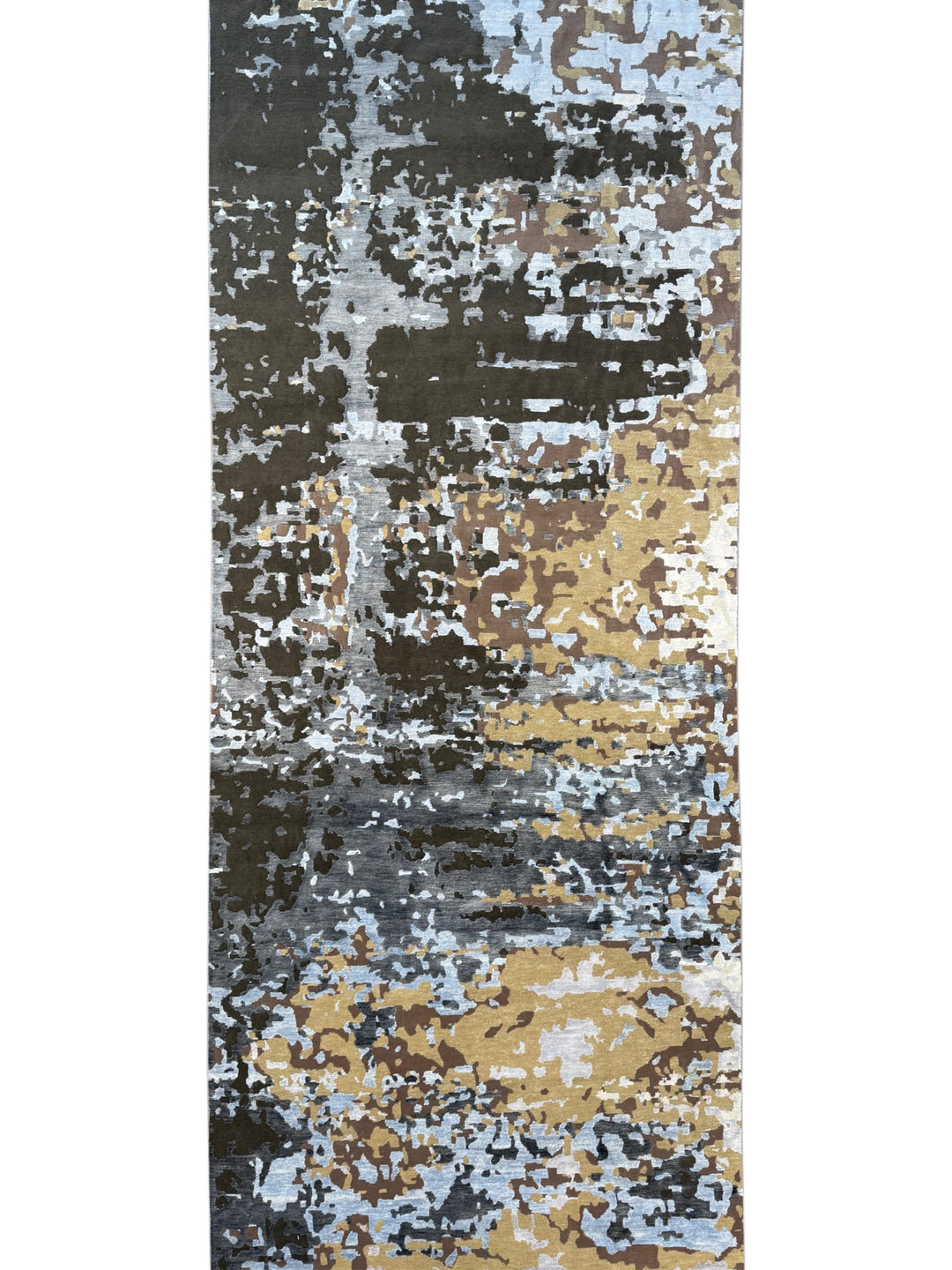 Gilded Echo – Contemporary Abstract Runner Rug in Charcoal, Silver Blue &amp; Gold | 6’0” × 19’10”