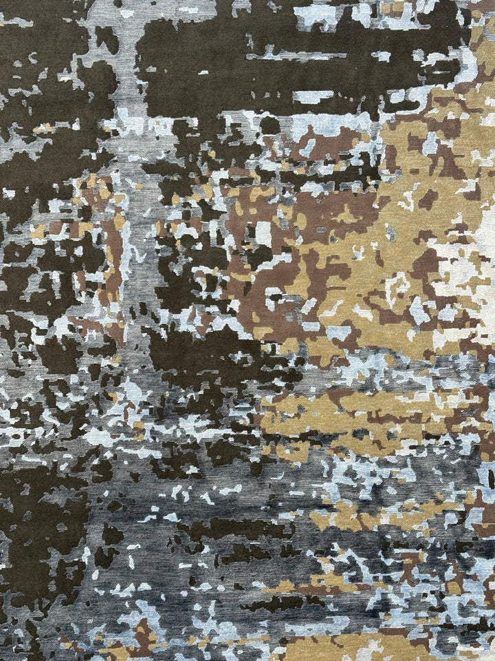 Gilded Echo – Contemporary Abstract Runner Rug in Charcoal, Silver Blue &amp; Gold | 6’0” × 19’10”