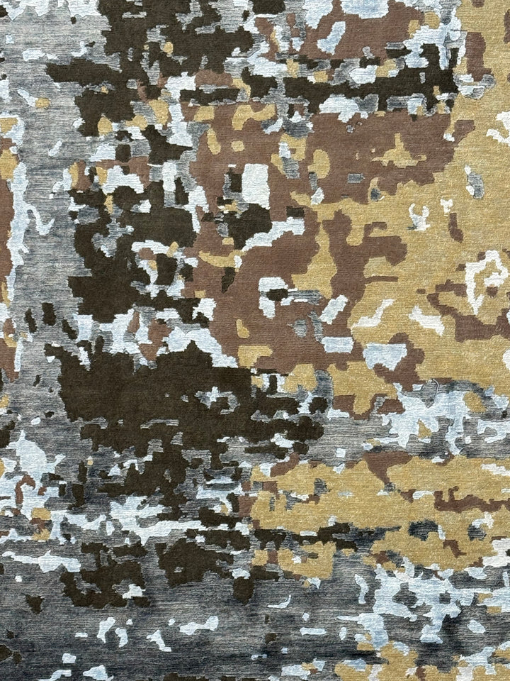 Gilded Echo – Contemporary Abstract Runner Rug in Charcoal, Silver Blue &amp; Gold | 6’0” × 19’10”