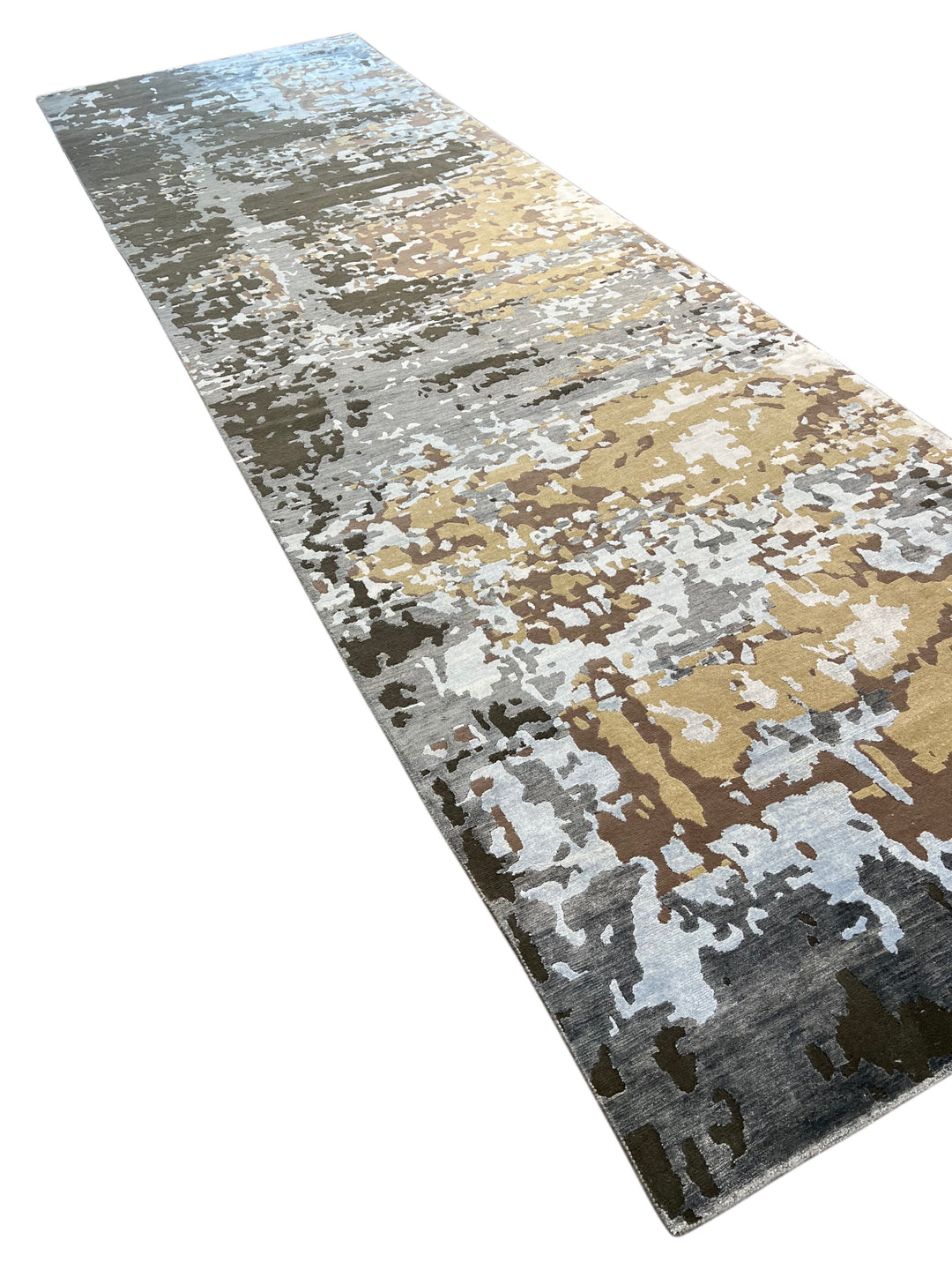 Gilded Echo – Contemporary Abstract Runner Rug in Charcoal, Silver Blue &amp; Gold | 6’0” × 19’10”