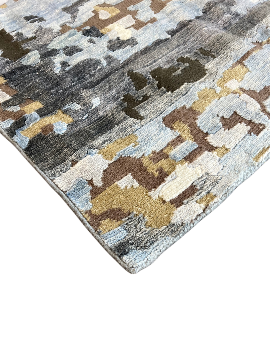 Gilded Echo – Contemporary Abstract Runner Rug in Charcoal, Silver Blue &amp; Gold | 6’0” × 19’10”