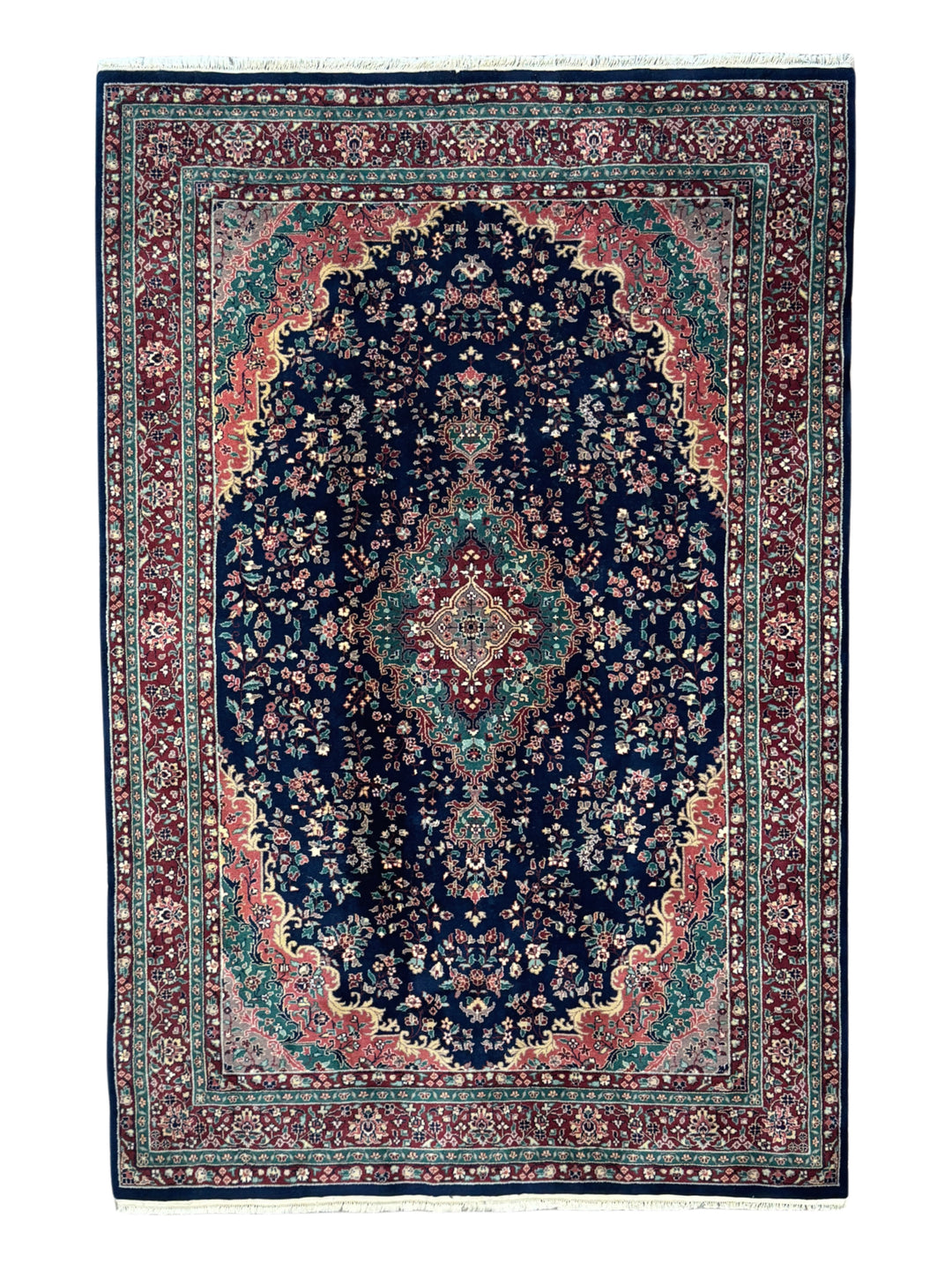 Royal Kerman – Traditional Kerman Floral Medallion Rug in Navy Blue, Burgundy &amp; Emerald Green | 6’0” × 9’0”