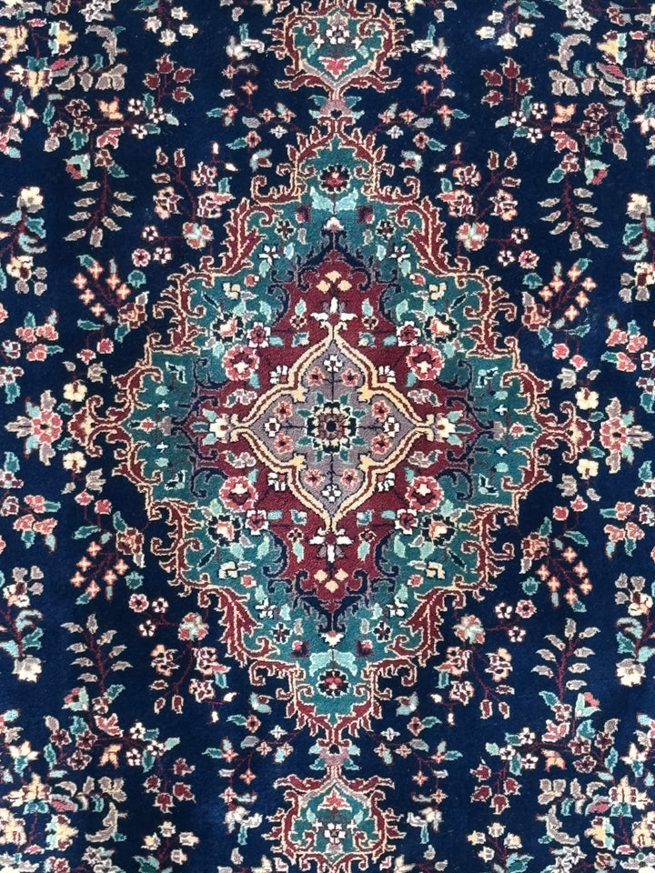 Royal Kerman – Traditional Kerman Floral Medallion Rug in Navy Blue, Burgundy &amp; Emerald Green | 6’0” × 9’0”