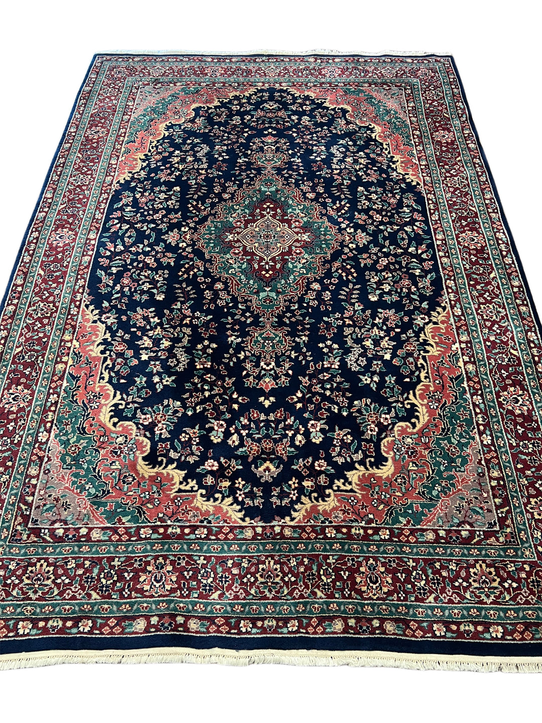 Royal Kerman – Traditional Kerman Floral Medallion Rug in Navy Blue, Burgundy &amp; Emerald Green | 6’0” × 9’0”