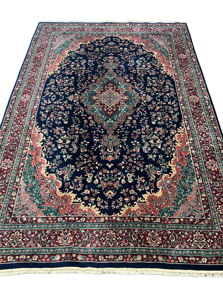 Royal Kerman – Traditional Kerman Floral Medallion Rug in Navy Blue, Burgundy &amp; Emerald Green | 6’0” × 9’0”
