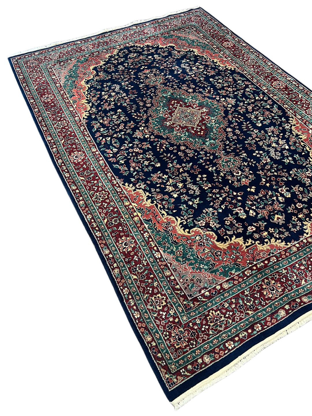 Royal Kerman – Traditional Kerman Floral Medallion Rug in Navy Blue, Burgundy &amp; Emerald Green | 6’0” × 9’0”