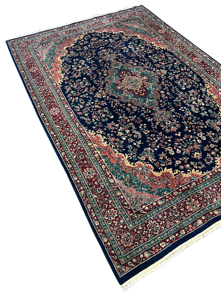 Royal Kerman – Traditional Kerman Floral Medallion Rug in Navy Blue, Burgundy &amp; Emerald Green | 6’0” × 9’0”