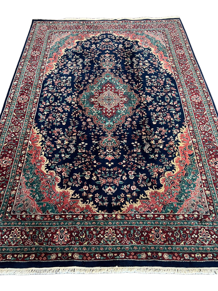 Royal Kerman – Traditional Kerman Floral Medallion Rug in Navy Blue, Burgundy &amp; Emerald Green | 6’0” × 9’0”