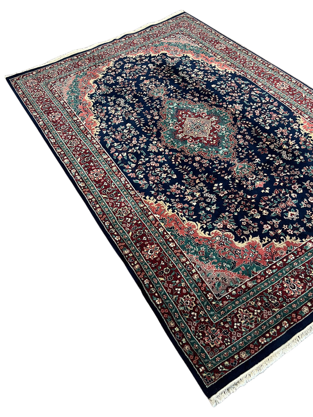 Royal Kerman – Traditional Kerman Floral Medallion Rug in Navy Blue, Burgundy &amp; Emerald Green | 6’0” × 9’0”