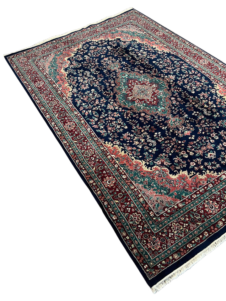 Royal Kerman – Traditional Kerman Floral Medallion Rug in Navy Blue, Burgundy &amp; Emerald Green | 6’0” × 9’0”