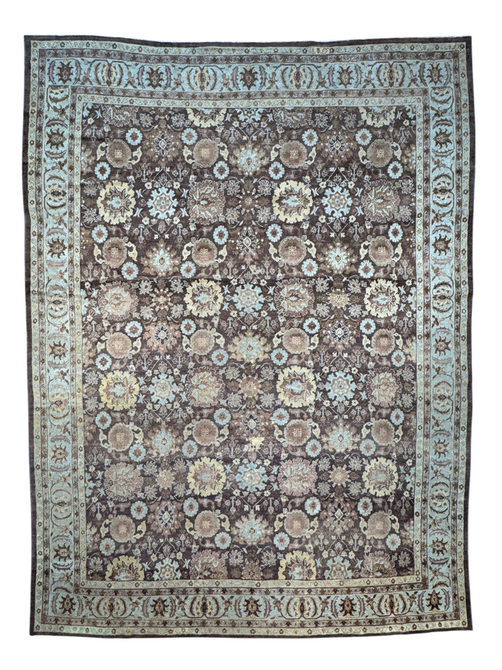 Antique Tribal Rug – Chocolate Brown &amp; Powder Blue Floral Design | Circa 1880 | 11’5” × 15’3”