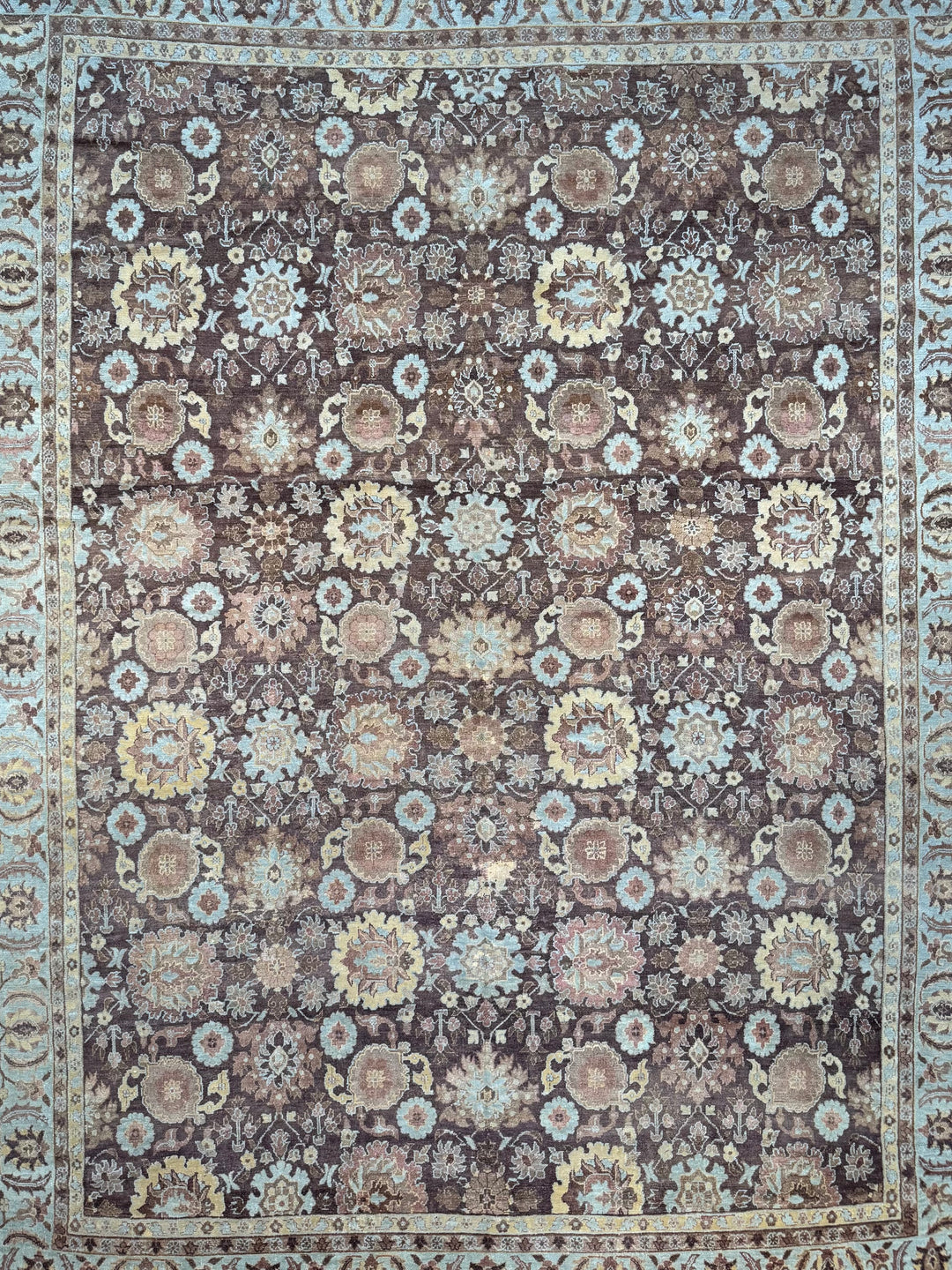 Antique Tribal Rug – Chocolate Brown &amp; Powder Blue Floral Design | Circa 1880 | 11’5” × 15’3”
