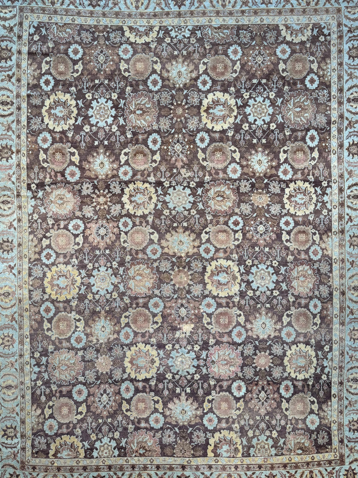 Antique Tribal Rug – Chocolate Brown &amp; Powder Blue Floral Design | Circa 1880 | 11’5” × 15’3”