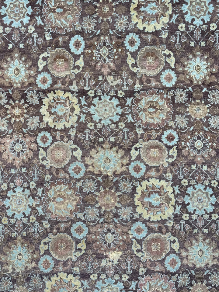 Antique Tribal Rug – Chocolate Brown &amp; Powder Blue Floral Design | Circa 1880 | 11’5” × 15’3”