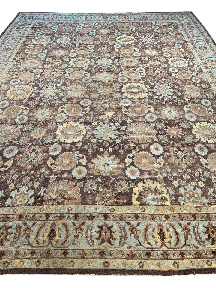 Antique Tribal Rug – Chocolate Brown &amp; Powder Blue Floral Design | Circa 1880 | 11’5” × 15’3”