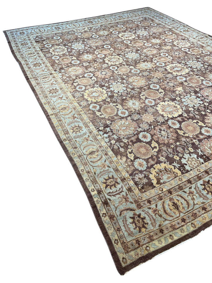 Antique Tribal Rug – Chocolate Brown &amp; Powder Blue Floral Design | Circa 1880 | 11’5” × 15’3”