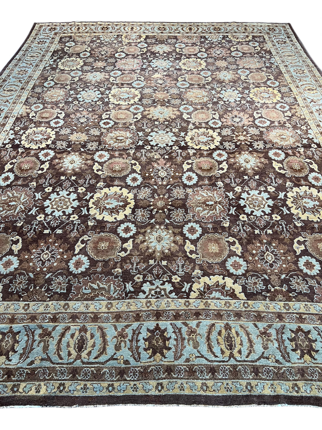 Antique Tribal Rug – Chocolate Brown &amp; Powder Blue Floral Design | Circa 1880 | 11’5” × 15’3”