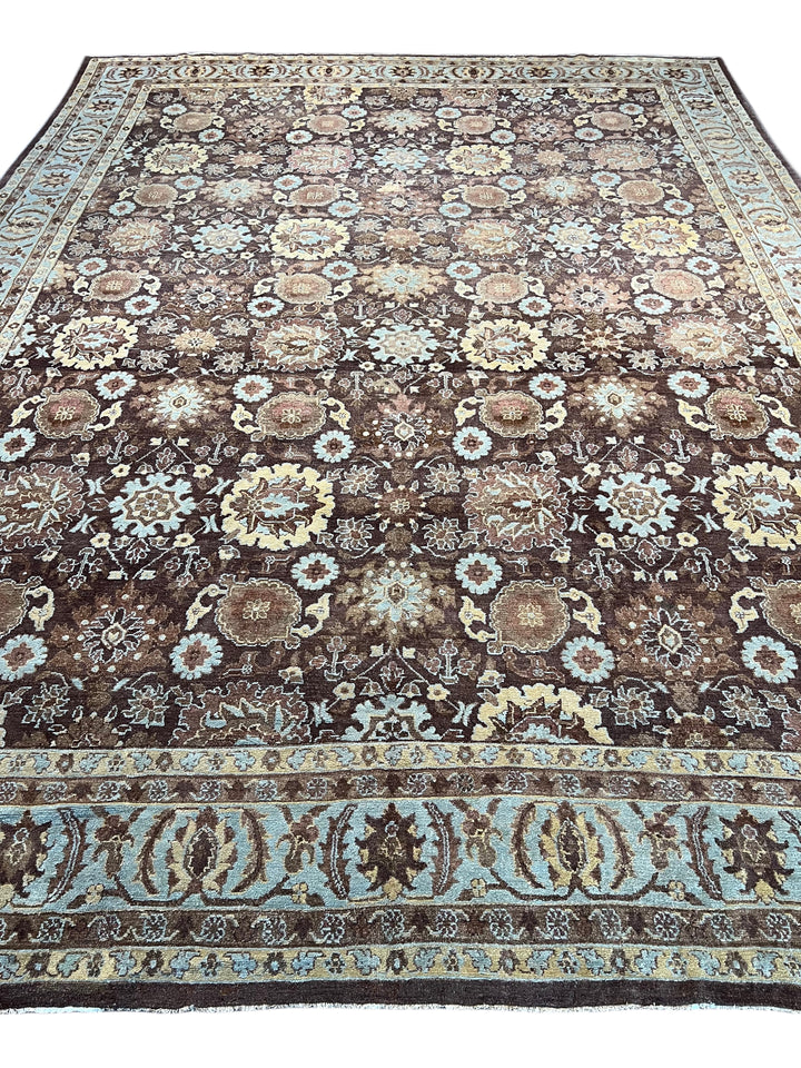 Antique Tribal Rug – Chocolate Brown &amp; Powder Blue Floral Design | Circa 1880 | 11’5” × 15’3”