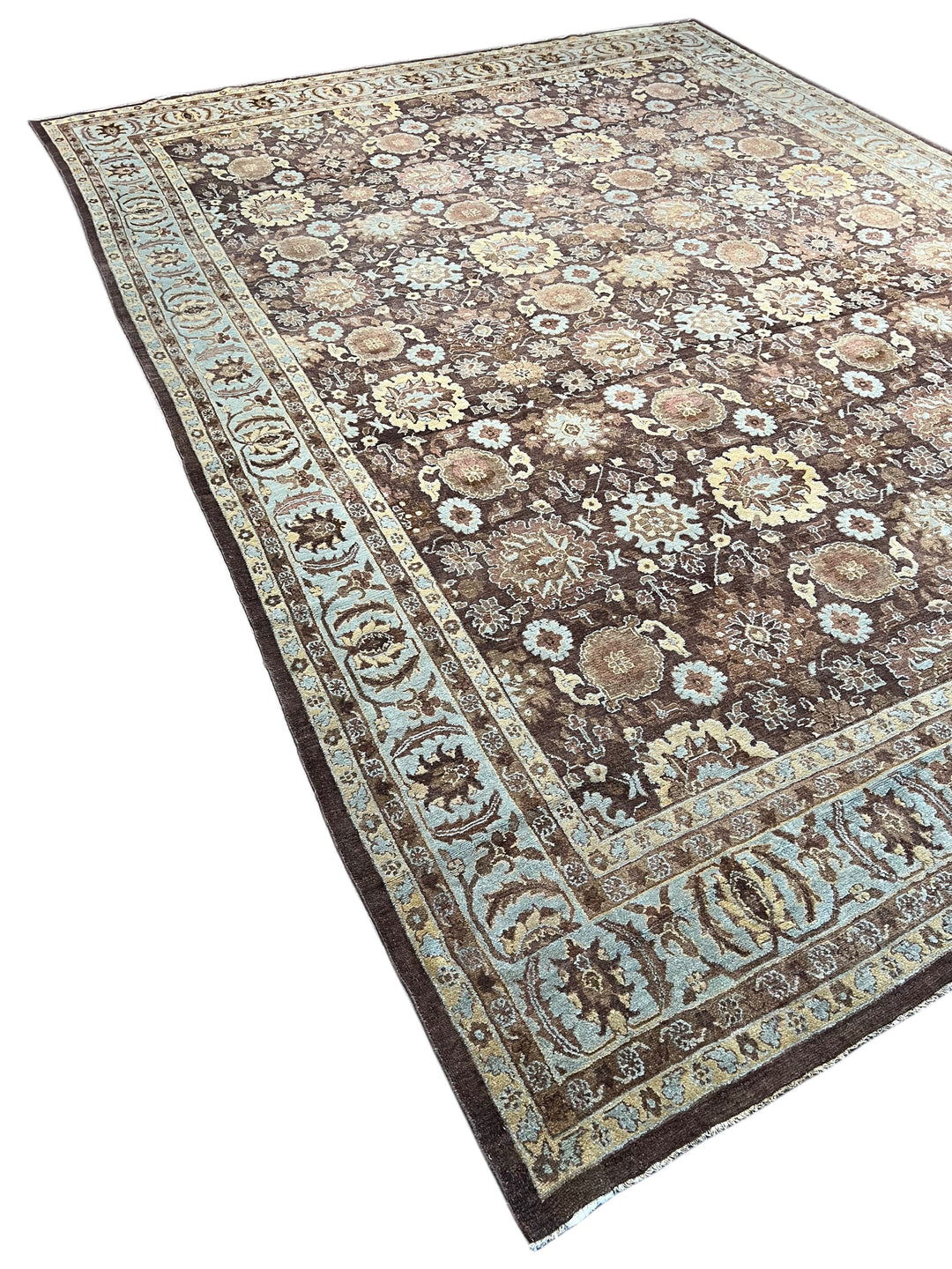 Antique Tribal Rug – Chocolate Brown &amp; Powder Blue Floral Design | Circa 1880 | 11’5” × 15’3”