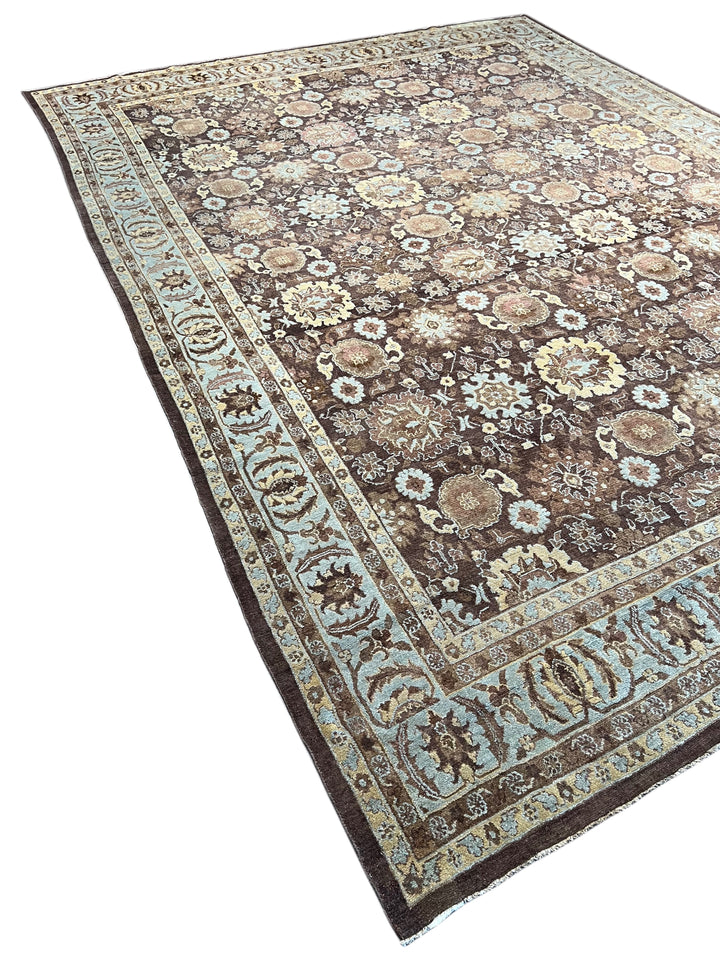 Antique Tribal Rug – Chocolate Brown &amp; Powder Blue Floral Design | Circa 1880 | 11’5” × 15’3”