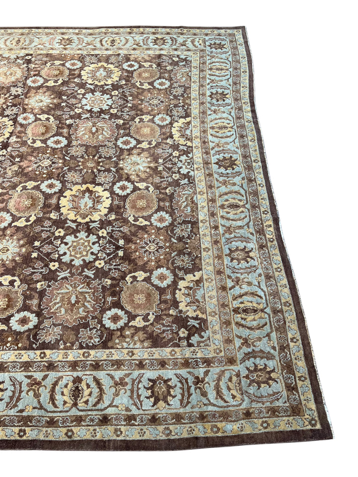 Antique Tribal Rug – Chocolate Brown &amp; Powder Blue Floral Design | Circa 1880 | 11’5” × 15’3”