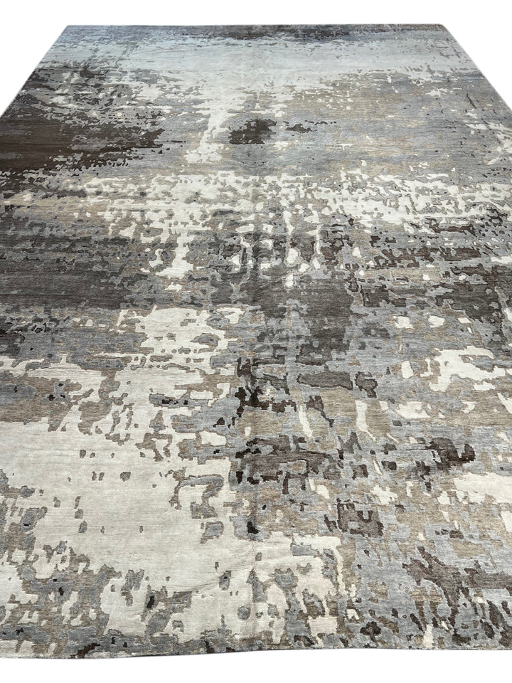 Ashen Mirage – Silver Grey, Taupe &amp; Charcoal Abstract Modern Style Rug | 12’0” × 17’10”